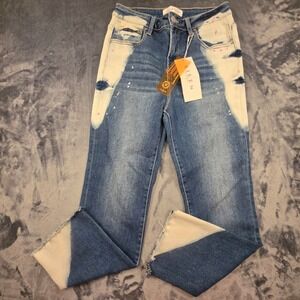 Risen Riley Acid Wash Jeans Medium Bleach Pink Splatter Raw Hem‎ 9/29 RDP5473